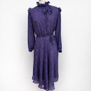 Neiman Marcus Midi Dress Vintage Robbie Bee Ruffle Neck Tie Floral Navy Medium